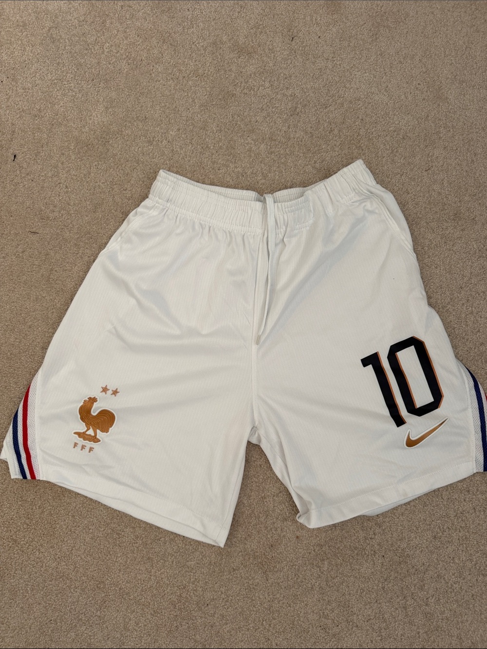 Nike White Men's Soccer Shorts with Gold Crest and Black #10
